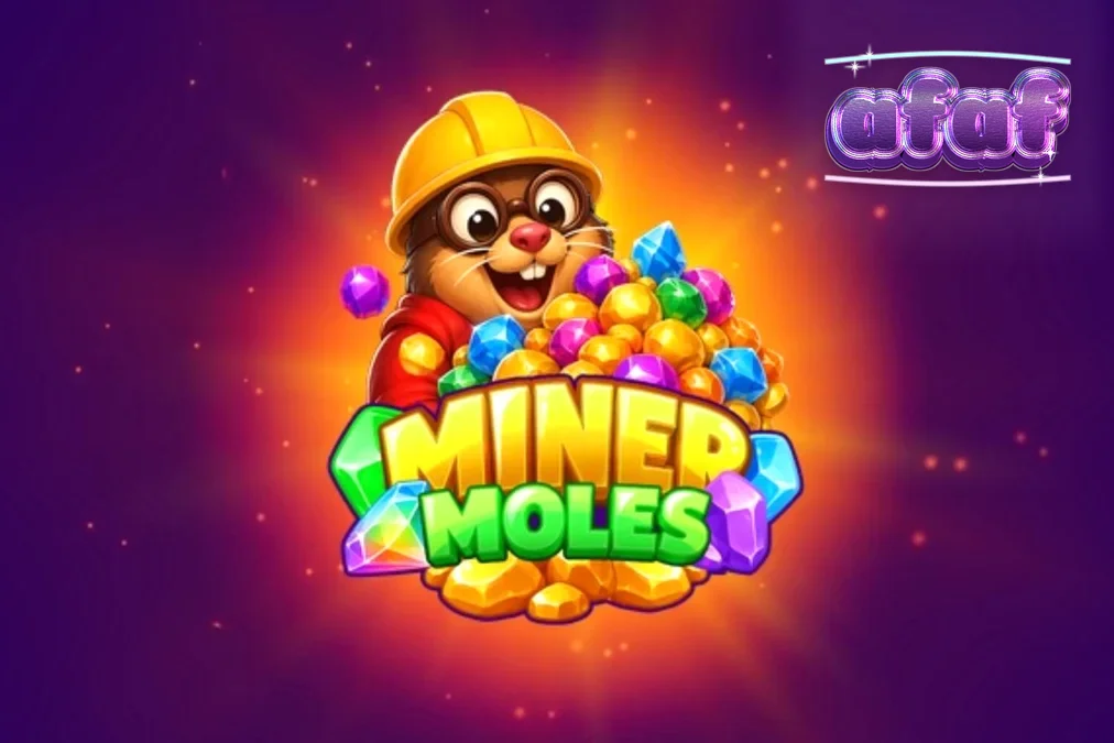 Tampilan antarmuka seluler slot Miner Moles dengan latar belakang gua kristal yang gelap dan atmosferik.